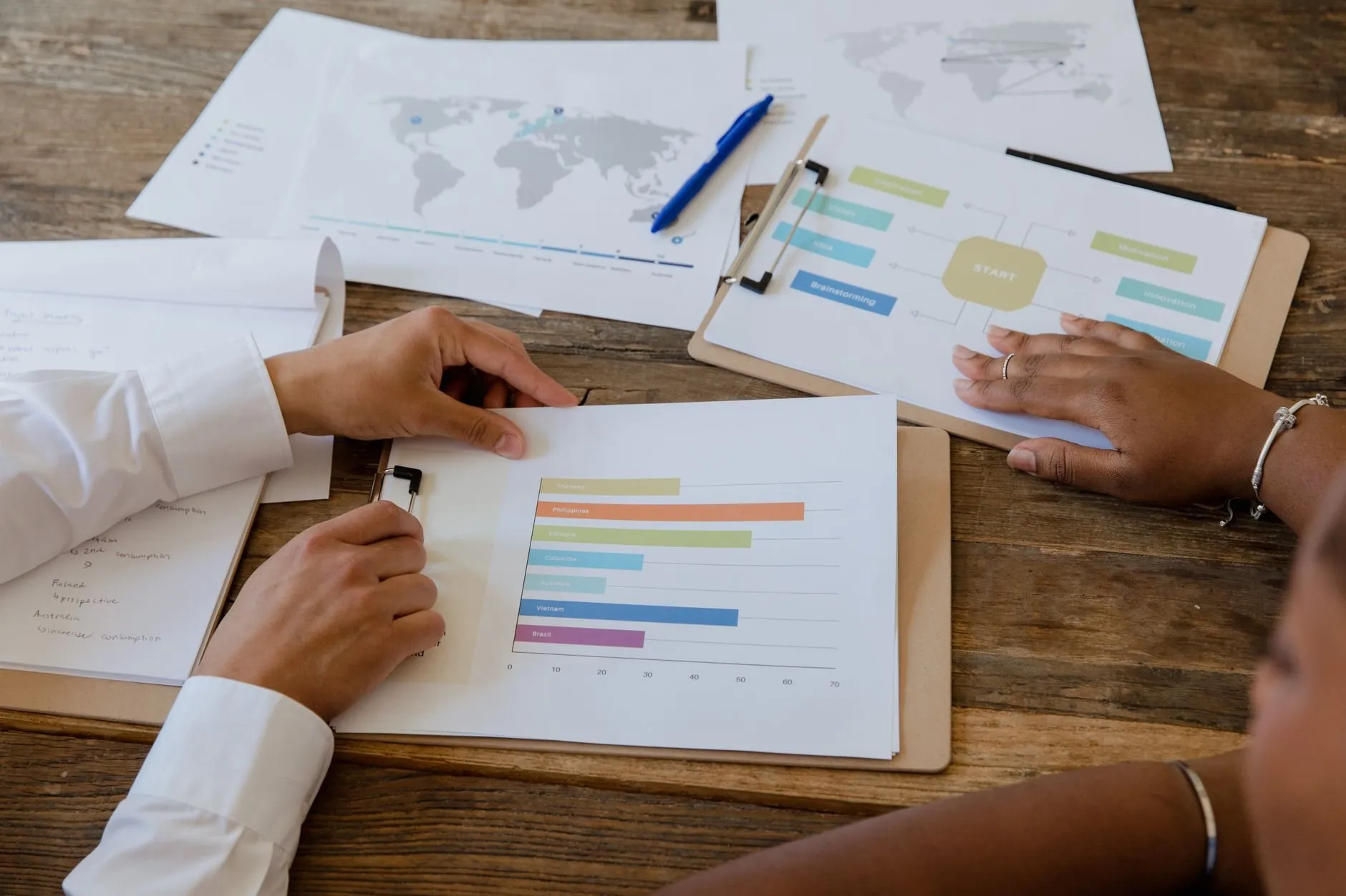 Two people's hands on printed bar charts and a world map spread across a wooden table